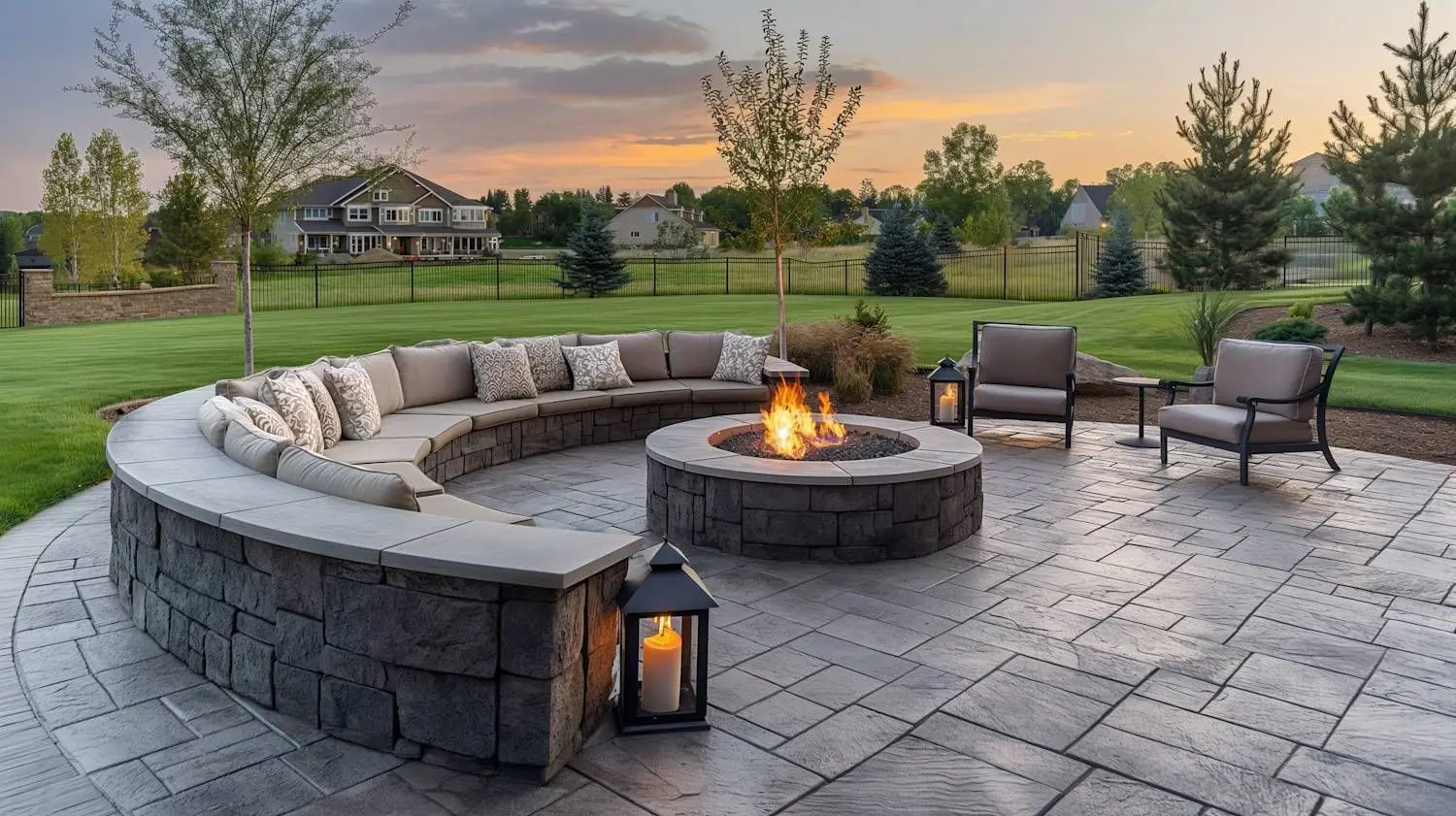 Stamped concrete patio with fire pit